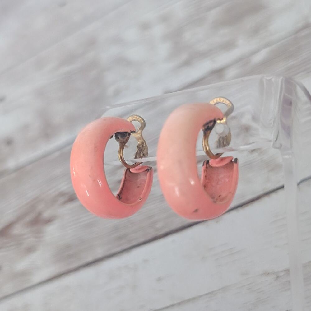 Vintage Clip On Earrings Retro Hoops Peach Like Tone - Paint Chipping & Tarnish